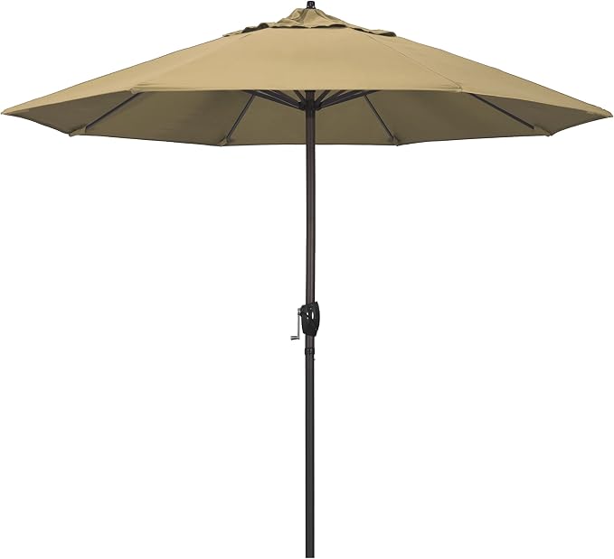California Umbrella 9' Round Aluminum Outdoor Deck, Pool or Patio Umbrella, Crank Lift, Auto Tilt, Bronze Pole, Champagne Olefin