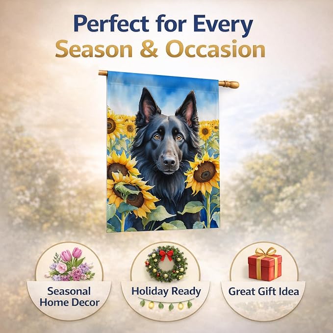 Caroline's Treasures DAC6023CHF Belgian Sheepdog in Sunflowers House Flag Large Porch Sleeve Pole Decorative Outside Yard Banner Artwork Wall Hanging, Polyester, House Size, Multicolor