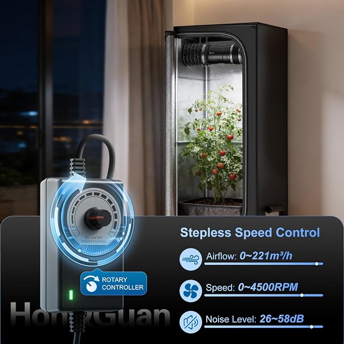 Hon&Guan 4 Inch Inline Booster Duct Fan with Speed Controller - 130 CFM Airflow with 6W Ultra-Low Power and Low Noise