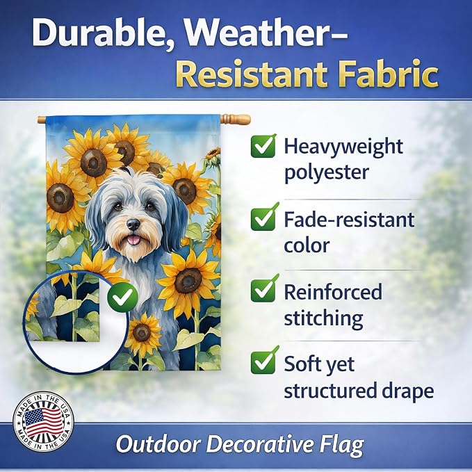 Caroline's Treasures DAC6168CHF Tibetan Terrier in Sunflowers House Flag Large Porch Sleeve Pole Decorative Outside Yard Banner Artwork Wall Hanging, Polyester, House Size, Multicolor