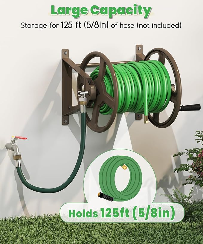 Garden Hose Reel Wall Mounted, Heavy-Duty Water Hose Holder Winder with 3.9 ft Leader Hose & Brass Fitting, Hose Hanger Storage Rack Holds 125-Feet of, 5/8-Inch, for Yard Lawn Farm, Brown