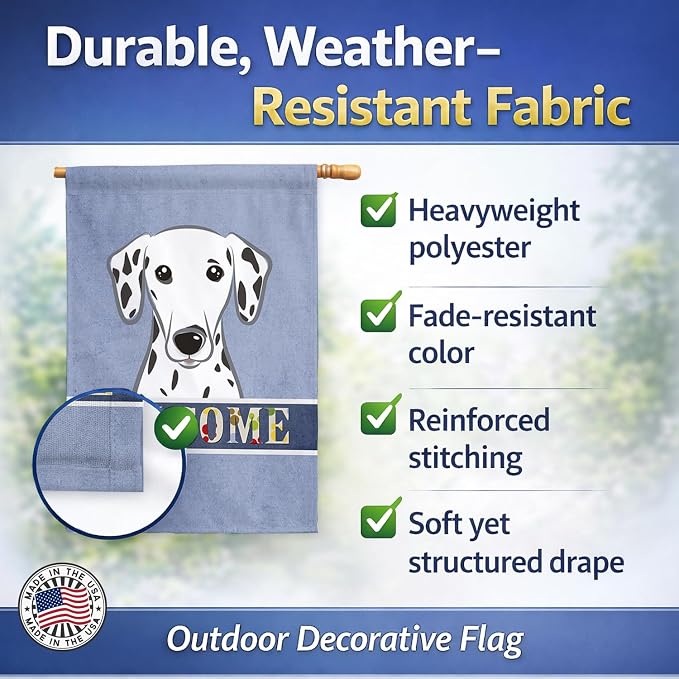 Caroline's Treasures BB1396CHF Dalmatian Welcome House Flag, Blue Large Porch Sleeve Pole Decorative Outside Yard Banner Artwork Wall Hanging, Polyester, House Size, Multicolor