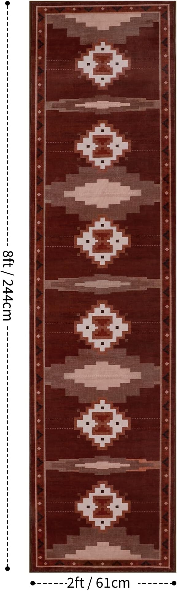 YIHOUSE 2‘x8' Washable Western Red Aztec Runner Rug for Hallway | Non-Slip, Low Pile, Stain Resistant, Southwestern Rustic Retro Long Rug for Kitchen Entryway Bedroom, Red/Brown