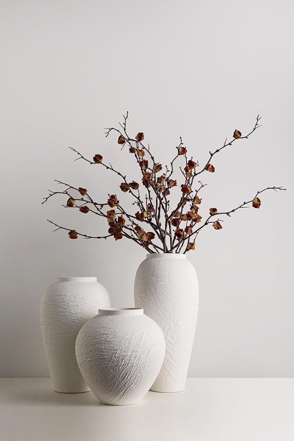 Vintage Ceramic Vase, Minimalist Texture Stone Patterned White Flower Vase, Decorative Vase for Living Room Shelf Farmhouse Dining Table Centerpiece Decor (White Texture Set of 3)