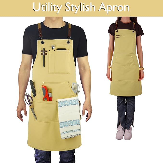 10 Pack Kitchen Apron, Work Apron, Canvas Apron, Amber | Multiple Pockets, Gardening, Painting, BBQ, Artist, Carpenter, Sizes M to XXL