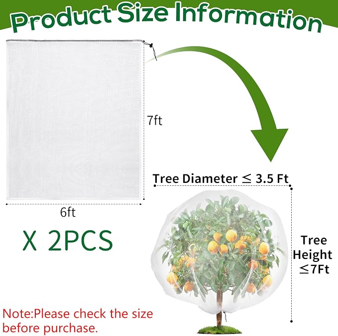 2PCS Fruit Tree Netting with Drawstring, 7 x 6ft Ultra-Fine Mesh Garden Insect & Bird Protection Cover, Breathable Reusable Tree Netting for Citrus, Apple, Peach & Shrubs