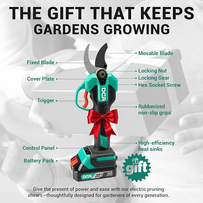 DCA Brushless 20V Battery Powered Electric Pruning Shears Cordless, 1.4" Power Pruner with SK5 High Carbon Steel Blade & 2.0Ah Batteries, Professional Tree Branch Cutter for Yard Tree Flower Trimming