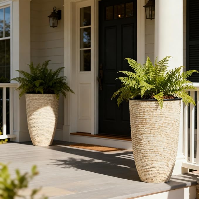 Worth Garden 21" H Beige Tall Planters set of 2 with Inside Pots - 14'' Dia Plastic Large Round Plant Tree Pots with Drain Hole - Decorative Imitation Stone Finish for Indoor Outdoor Front Porch Patio