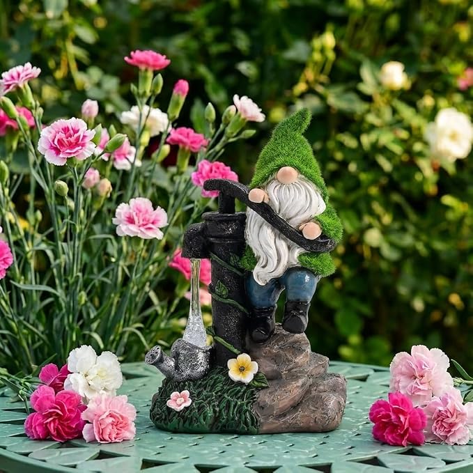 TERESA'S COLLECTIONS Garden Decor, Garden Gnomes Pumping Water,Gnomes Decor, Waterproof Resin with Solar Lights, Garden Decor, Garden Gifts for Mom,Indoor/Outdoor,9"