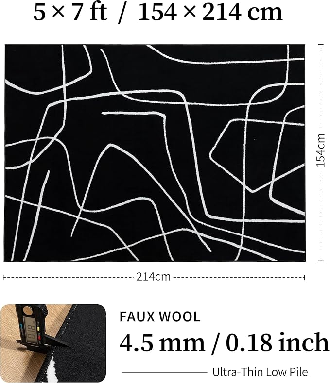 5x7 Washable Modern Abstract Black White Area Rug | Ultra-Thin Low Pile, Non-Slip TPE Backing, Soft Stain Resistant, Machine Washable, for Bedroom Livingroom High Traffic