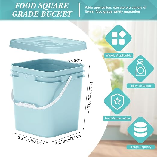 Mumufy 3 Pcs 3.5 Gallon Square Food Grade Bucket with Lid Square Bucket Pail Plastic Handles for Long Term Food Storage, Camping, Fishing, Home Organization Easy Stack and Store (Aqua)