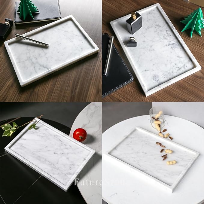 100% Natural Marble Serving Tray Luxury Marble Storage Tray for Home Decor Stone Tray for Bathroom/Kitchen/Vanity/Dresser,Plate Holder for Tissues, Candles, Towel