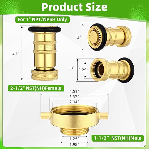 Shimeyao (1" NPT/NPSH) Brass Fire Hose Nozzle Fire Equipment Spray Jet Fog Brass Hydrant Adapter with Pin Lug 2-1/2" NST (NH) Female x 1-1/2" NST (NH) Male