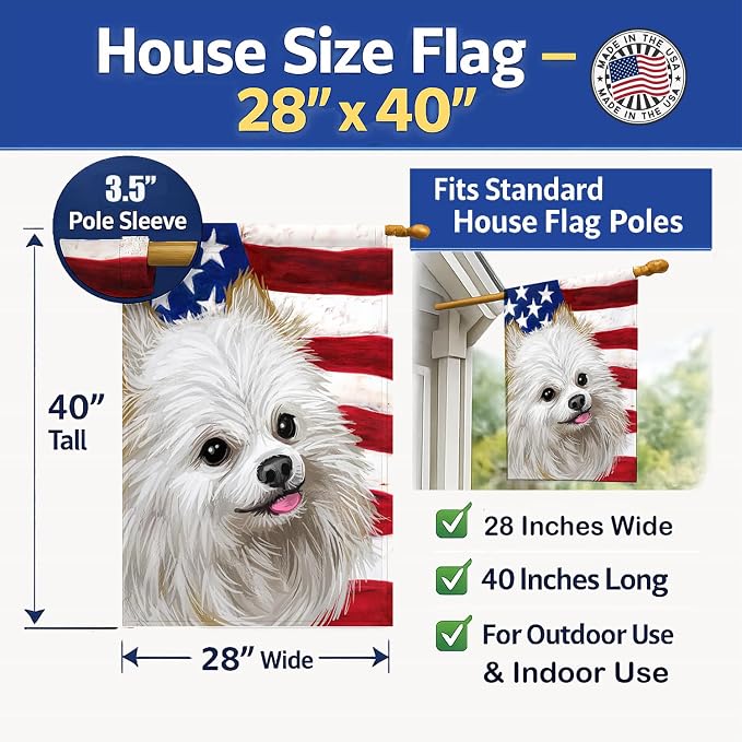 Caroline's Treasures CK6581CHF Japanese Spitz American Flag House Flag Large Porch Sleeve Pole Decorative Outside Yard Banner Artwork Wall Hanging, Polyester, House Size, Multicolor