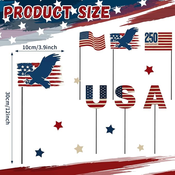 Pickmesh 6 Pcs 12" H 250th Anniversary Outdoor Decor 4th of July Patriotic Eagle Metal Yard Sign Red White Blue USA Flag Garden Stake American Yard Sign for Independence Day Decoration