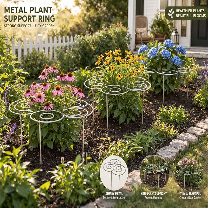 Metal Plant Support Ring for Garden, Peony Cage Stand, Indoor Pots, Flower Hoop, Decorative Grow Through Rings, Stackable Houseplant Stake, Dahlia Cage, Outdoor Orchid Clip(2PCS,Small)