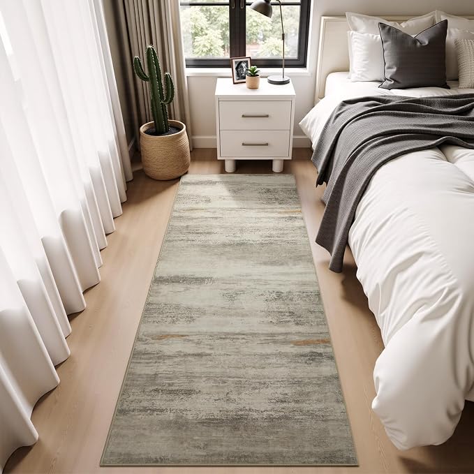 Joydeco 2x6 Modern Abstract Washable Runner Rug – Low Pile Faux Wool with Non-Slip Backing, Neutral Print Carpet Runner for Hallway, Kitchen, Entryway and Bedroom, White&Grey&Brown