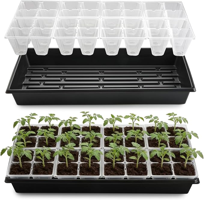 RooTrimmer 5 Pack Heavy Duty 1020 Trays and 40 Pack Clear 4 Cell Seed Starter Trays with Large Drainage Holes, Easy Transplant - for Seed Germination & Plant Propagation (5 Sets)
