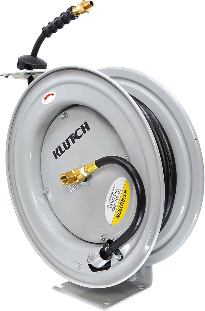 Klutch Auto Rewind Air Hose Reel - with 1/2in. x 50ft. Rubber Hose, 300 PSI