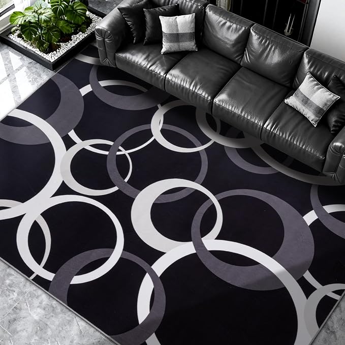 Washable 5x7 Area Rugs for Living Room, Modern Black and White Rug for Bedroom Non Slip Low Pile, Modern Circle Pattern Carpet for Dining Room Playroom Home Office Decor