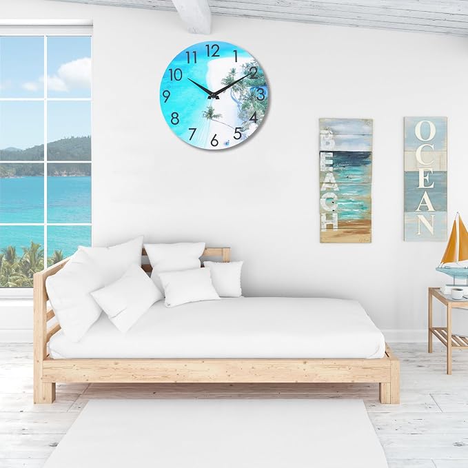 14 Inch Outdoor Clock Waterproof – Tempered Glass Silent Non-Ticking, Tropical Beach Theme Nautical Coastal Decor Wall Clock for Patio Pool Garden Bathroom