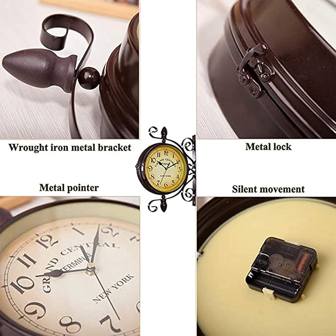 Vintage Wall Mounted Clock Outdoor Double Sided Clock, Metal Vintage Double Sided Hanging Clock, for Patio, Garage, Outdoor Area Antique Look Train Station Clock Two Sided Clock for Indoors/Outdoors