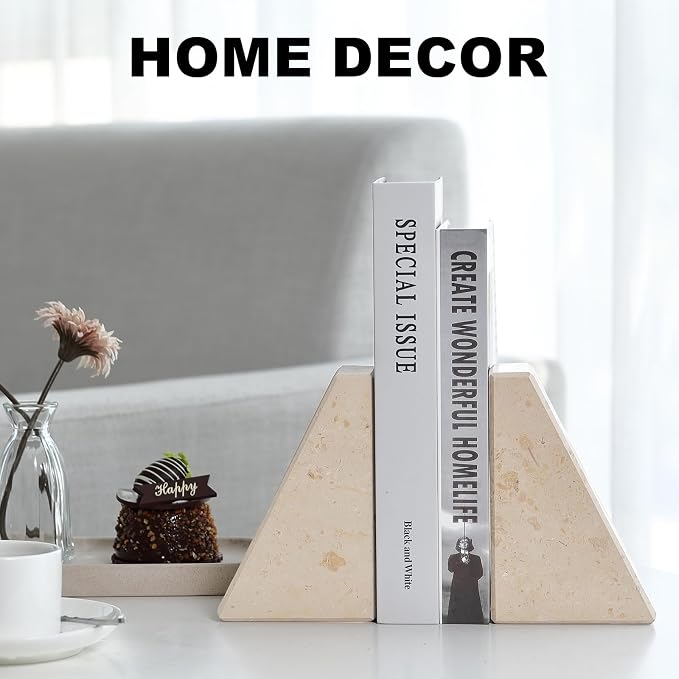 Karibiber Marble Bookends for Heavy Books, Decorative Book Ends for Shelves, Beige Stone Durable and Heavy-Duty Book Ends for Hardback Books & CDS, Unique Book Stopper & Holder, Set of 2