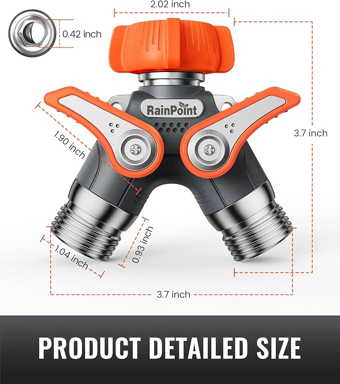 RAINPOINT Garden Hose Splitter 2 Way Heavy Duty, Water Hose Y Spigot Splitter with Shutoff Valves,100% Metal Body Water Hose Connector with Shut-Off Valve, 1.9" Metal Handle, 3/4" GHT Thread(Orange)