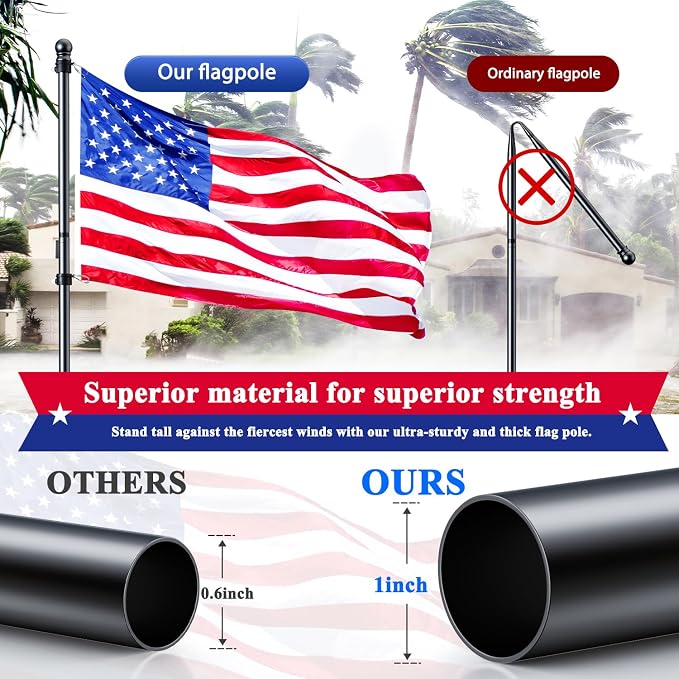 5 FT Flag Pole Kit with 3x5 American Flag, Tangle Free Spinning Weather Resistant Rustproof Stainless Steel Flagpole with Base for 1" Dia Flag Pole Holder for Outside House, Wall (Black)