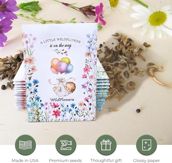 20 Wildflower Seed Packets - Baby Shower Favors for Guests - Gender Reveal Party Supplies - Wild Flower Seeds Throw and Grow Perennial & Annual Mix to Attract Pollinators Bees and Butterflies Non-GMO