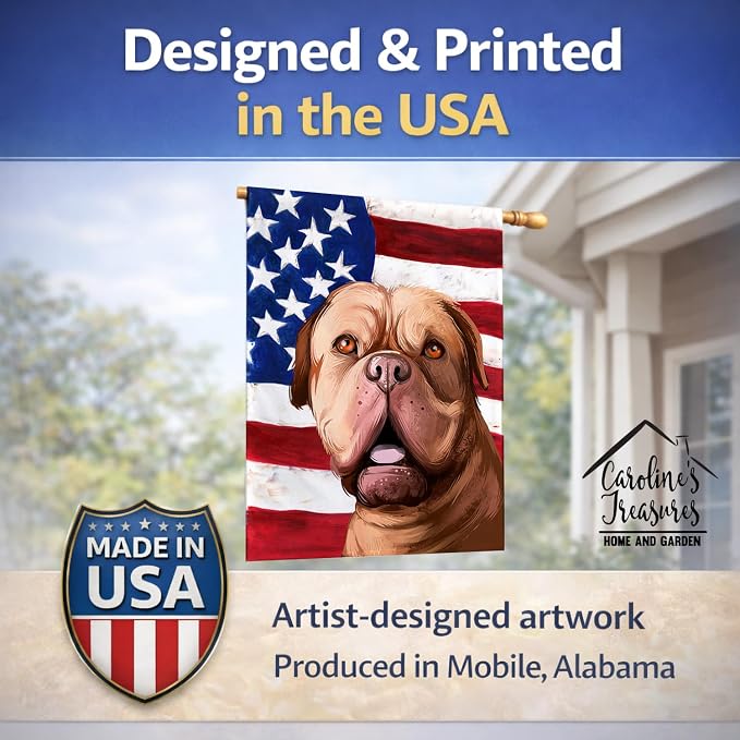Caroline's Treasures CK6505CHF Dogue de Bordeaux Dog American Flag House Flag Large Porch Sleeve Pole Decorative Outside Yard Banner Artwork Wall Hanging, Polyester, House Size, Multicolor