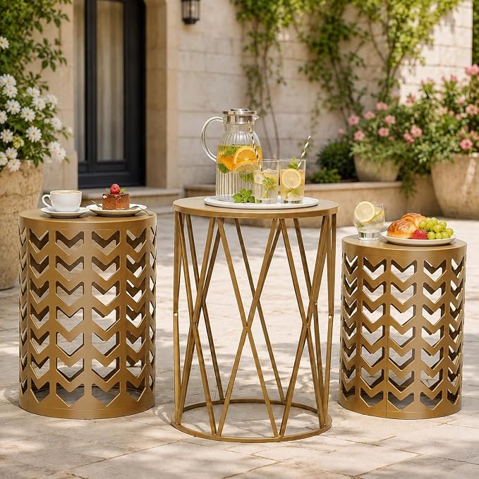 Y&M Outdoor Side Tables Set of 3, Round Heavy Duty Metal Nesting End Tables, Stacking Patio Accent Tables for Outside, Balcony, Garden, Porch, Indoor & Outdoor, Gold