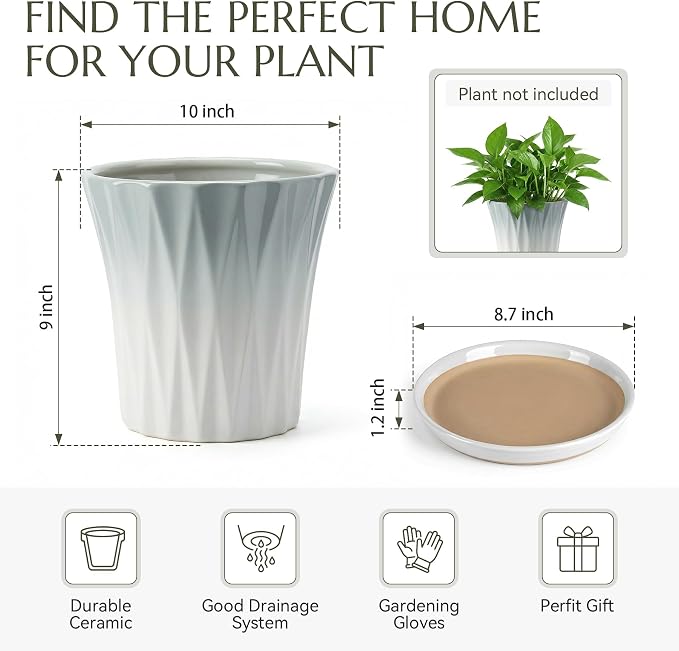 10 Inch Ceramic pots for Plants with Saucer Drainage Leak-Proof Mesh, Round Plant Pot with Gardening Gloves for Indoor Outdoor Plants (Rippled Grey)