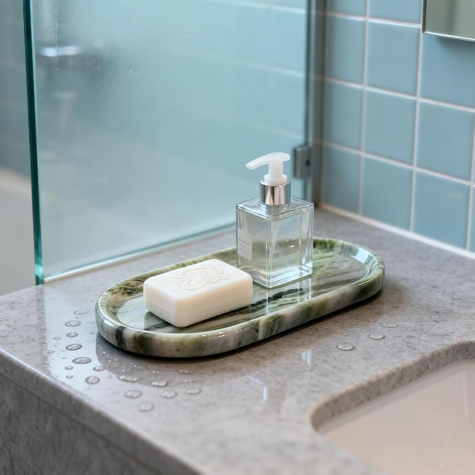 Green Marble Vanity Tray 9.8", Natural Stone Organizer for Bathroom | Luxury green marble tray, polished non-slip base, Perfect for jewelry, perfumes, décor. Unique pattern, ideal gift for her.