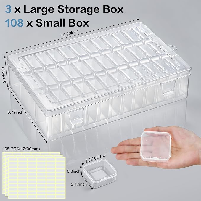 Bead Organizer Box, 108 Pcs Mini Clear Bead Storage with Hinged Lid and Labels, Small Plastic Containers for Jewelry Making, DIY Craft, Diamond Painting, Screws, Nail Art, and Seeds (3 Pack)