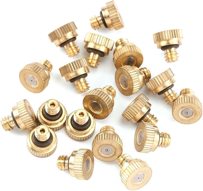 CozyCabin 20 Pcs Low Pressure Brass Misting Nozzles Misting Water Mister Nozzle for Garden, Patio, Greenhouse, Outdoor Cooling Mister System 0.016" Orifice (0.4mm) Thread UNC 10/24