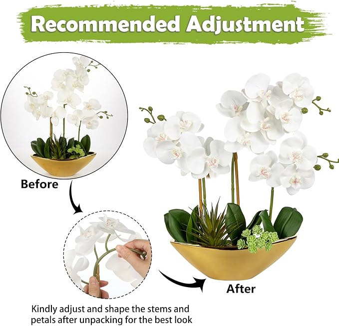 Briful Orchid Artificial Flowers 17in White Fake Orchid Silk Flowers with Gold Ceramic Pot Faux Orchid Arrangement for Home Office Room Coffee Table Centerpiece Modern Decoration