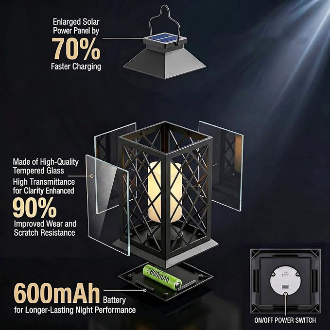 2 Pack 14" Large Tempered Glass Solar Lanterns Outdoor Waterproof, Hanging Solar Lights with Flickering Flameless Candles, Solar Lantern for Wall Porch Patio Table Garden Decoration (Black)