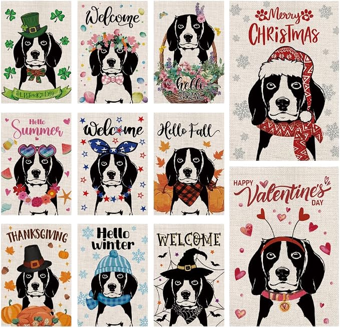 Seasonal Garden Flags Beagle Double Sided Flags Set of 11 Holiday Farmhouse Indoor Outdoor Yard Lawn Christmas Gifts Decorations 12.5x18 Inch