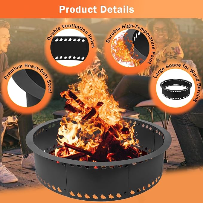 Outdoor Smokeless Fire Pit Ring 31 inch, Metal Steel Firepit Ring Insert Round Firepit Ring for Outside Wood Burning DIY Fire Pits Outdoor Fire Place for Camping Garden Patio Backyard