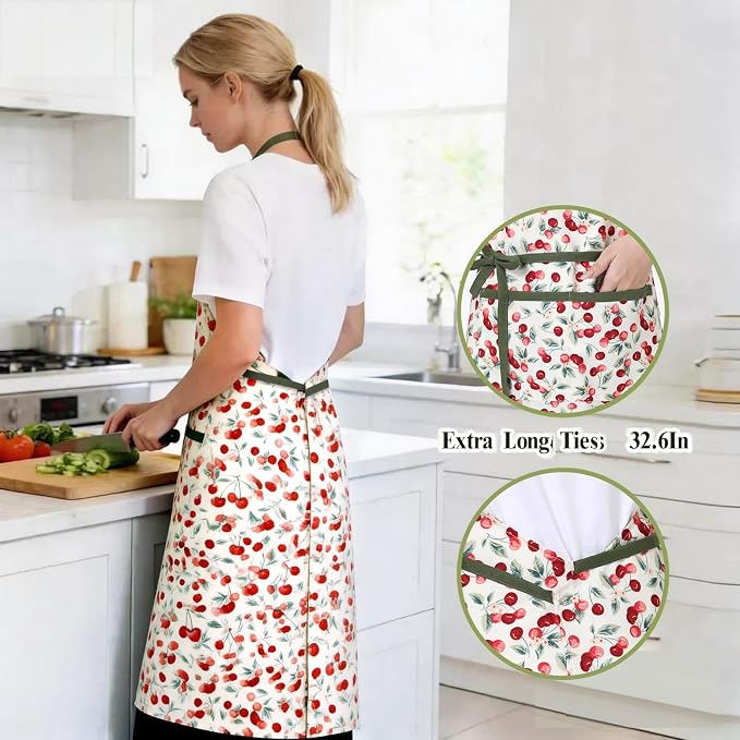 Women's Cherry Floral Print Vintage Kitchen Cooking Apron | Adjustable Tie Straps & Big Storage Pockets, Cute Gardening Pinafore, Nice Gift for Baking & Tea Lovers(Cherry red)