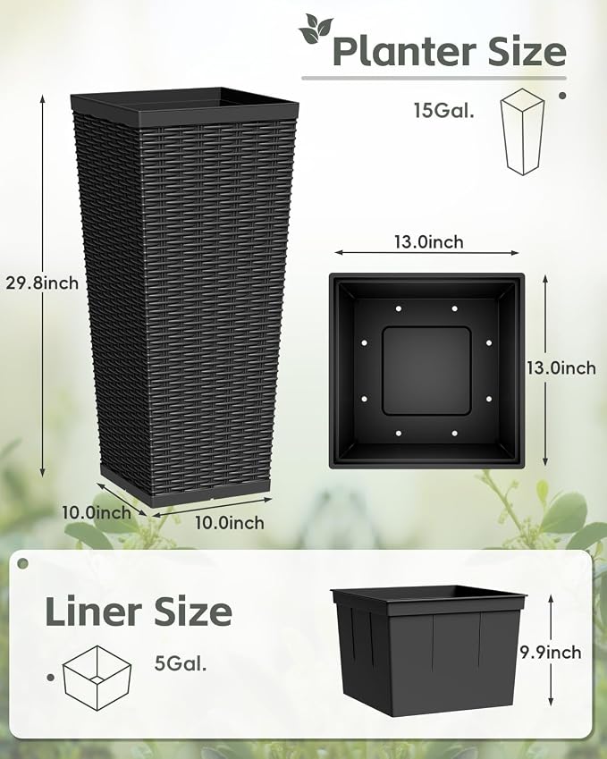 Greesum 30 Inch Tall Plastic Planters (Set of 2), Extra Large Outdoor Flower Pots with Detachable Inner Pot & Drainage Holes for Large Plants, Trees, Patio, and Garden, Black