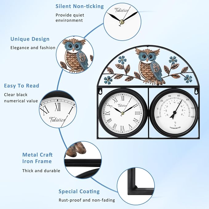 17Inch Large Outdoor Clock,Waterproof Wall Clock with Thermometer,Weatherproof Non-Ticking Quartz Battery Operated Decor Clock for Patio,Garden,Pool,Porch,House Warming Gifts