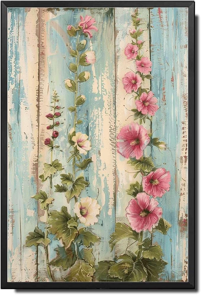 Metal Sign Tin Sign Vintage Wall Art Shabby Chic Hollyhocks Tin Sign for Rustic Grandeur Antique Artistry and Distressed Wood Surfaces Signs for Garden for Club 12×16 Inches with Metal Frame
