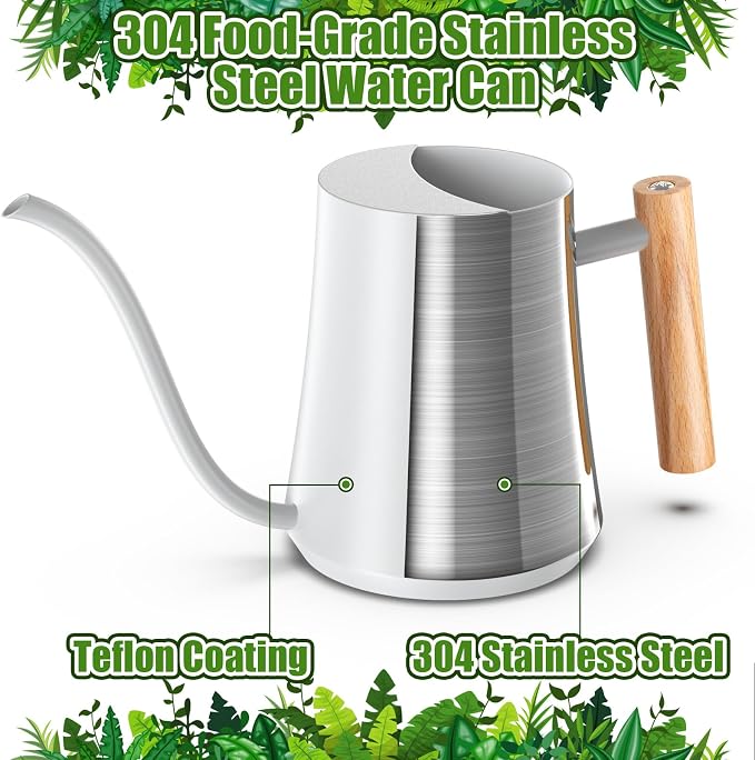 Green Moon 1L/35oz Metal Watering Can Indoor with Long Spout, White | Metal Stainless Steel Watering Can with Wood Handle for Indoor Plants, House Bonsai, Succulents, and Outdoor Garden Flowers