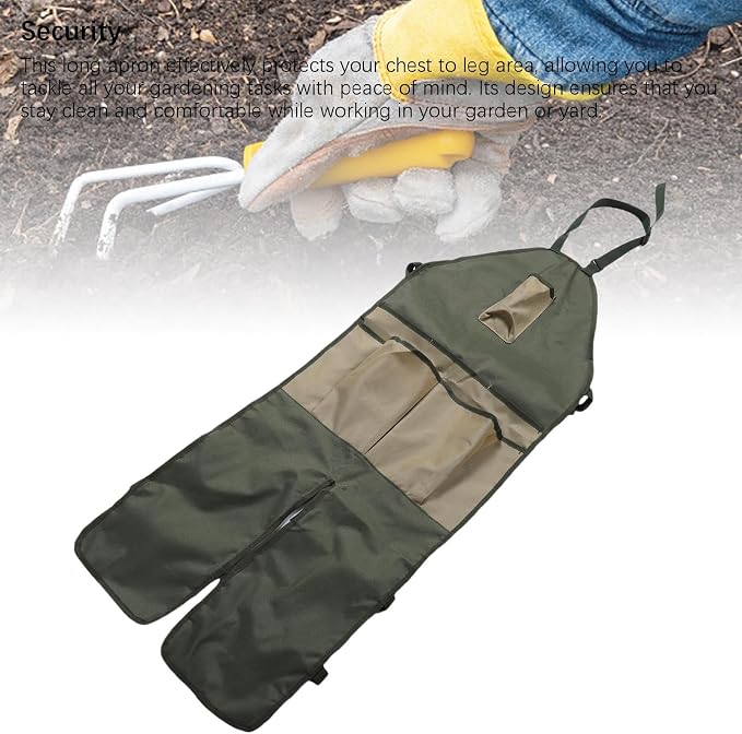 Apron for Long Gardening, Gardening Apron with Adjustable Leg Protector, Six Pockets 600D Oxford Cloth Water Proof for Garden Outdoor Work, Lawn Care, Pruning (Green with Khaki Pockets)