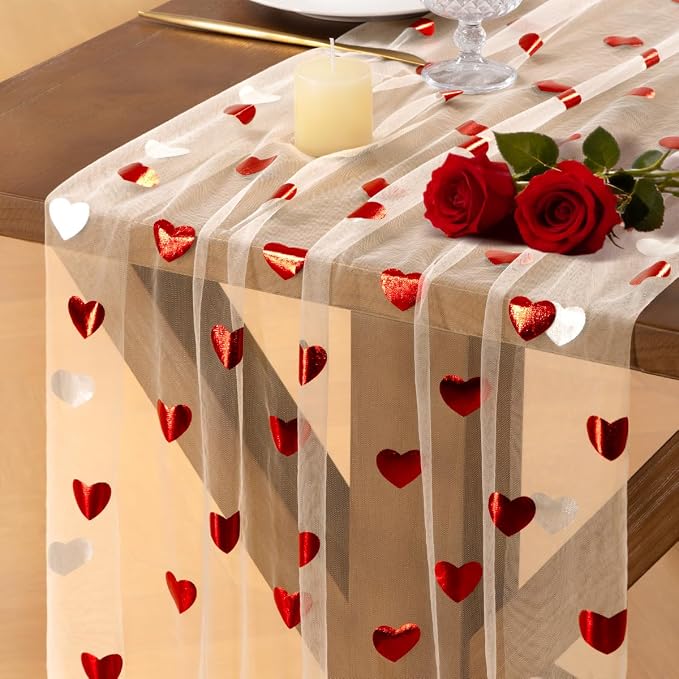 Socomi Valentine's Day Red Heart Table Runner Gauze Sheer Romantic Sequin 10FT Glitter Metallic Foil Dining Wedding Birthday Party Baby Shower Holiday Centerpiece Table Decor Beige