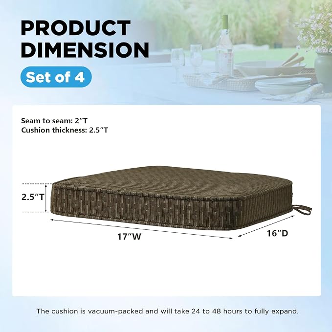 17 x 16 Inch Sunbrella Outdoor Chair Cushions with Tie Straps, Set of 4 Thick Water Repellent Round Patio Chair Pads for Garden Lawn Patio Furniture, Dash Walnut