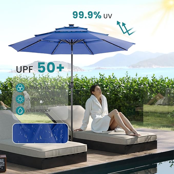 DUMOS Outdoor Solar Patio Umbrella 3 Tiers with 32 LED Lights, Beach Market Table Umbrella with Crank and 8 Sturdy Ribs for Pool, Terrace, Restaurant