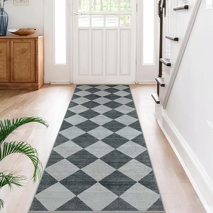 Beeiva Checkered Print Hallway Rug 2x6, Ultra Thin Kitchen Rug Runner Non Slip Washable Carpet Runners for Hallway 6ft, Modern Diamond Stain Resistant Floor Carpet for Bathroom Bedroom Entryway